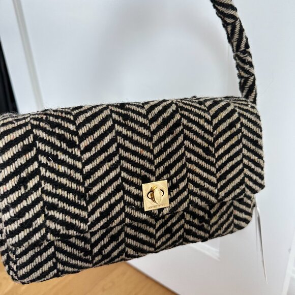 NWT Anine Bing Nico Shoulder Bag Fishbone Pattern Wool Blend Tweed Gold Lock - Picture 6 of 12